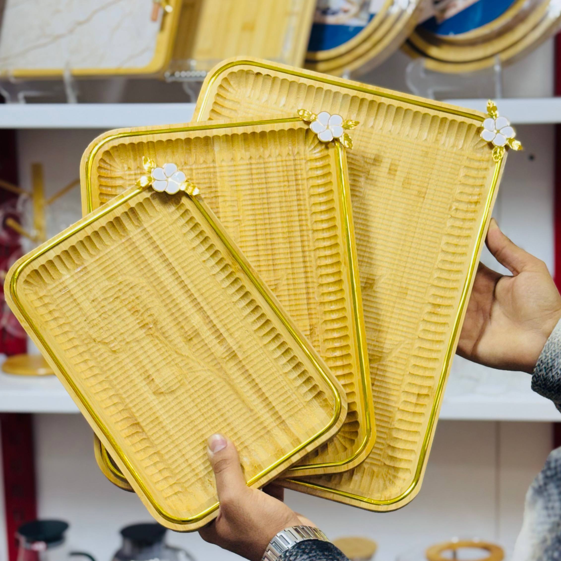 سینی بامبو سه عددی با لبه های طلایی